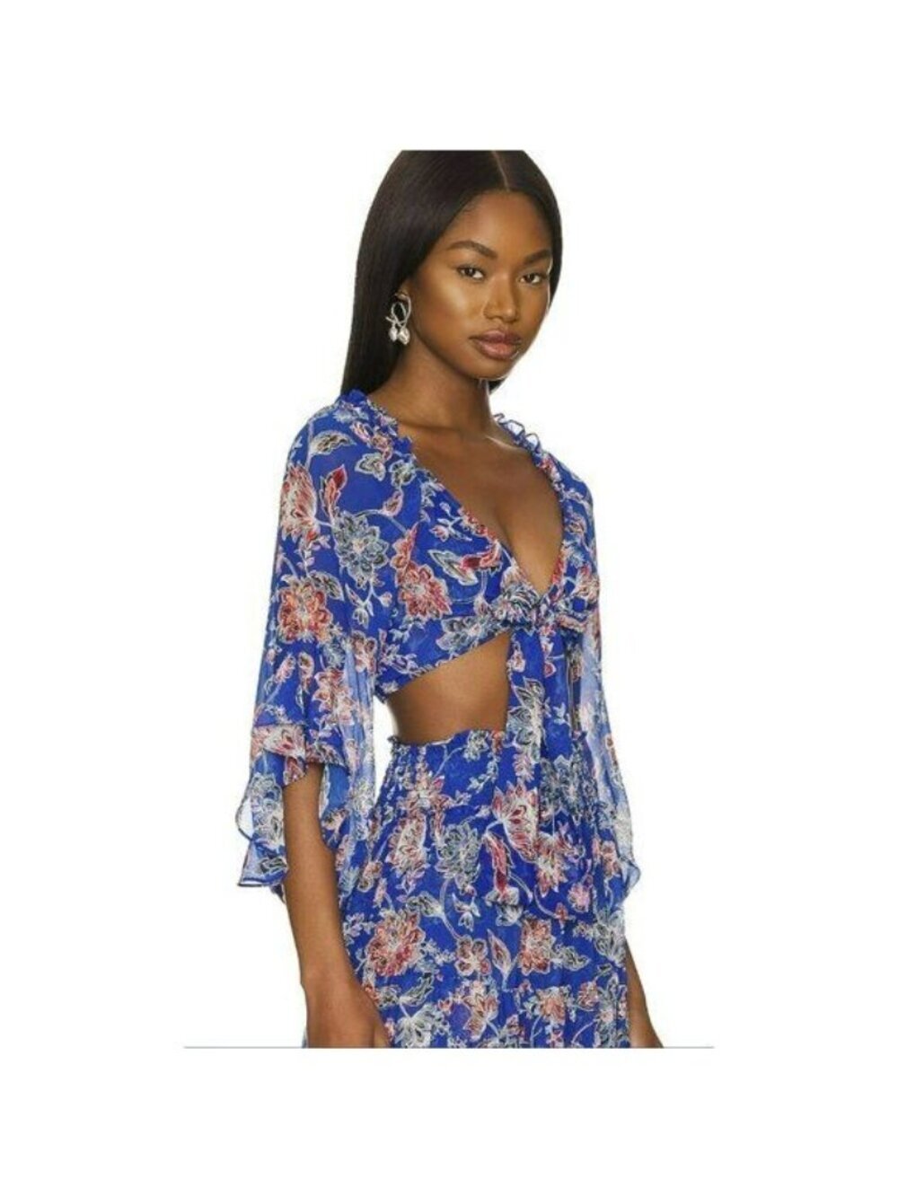 MISA Size XS Ancora Floral Tie Crop Top Blouse Blue NWT